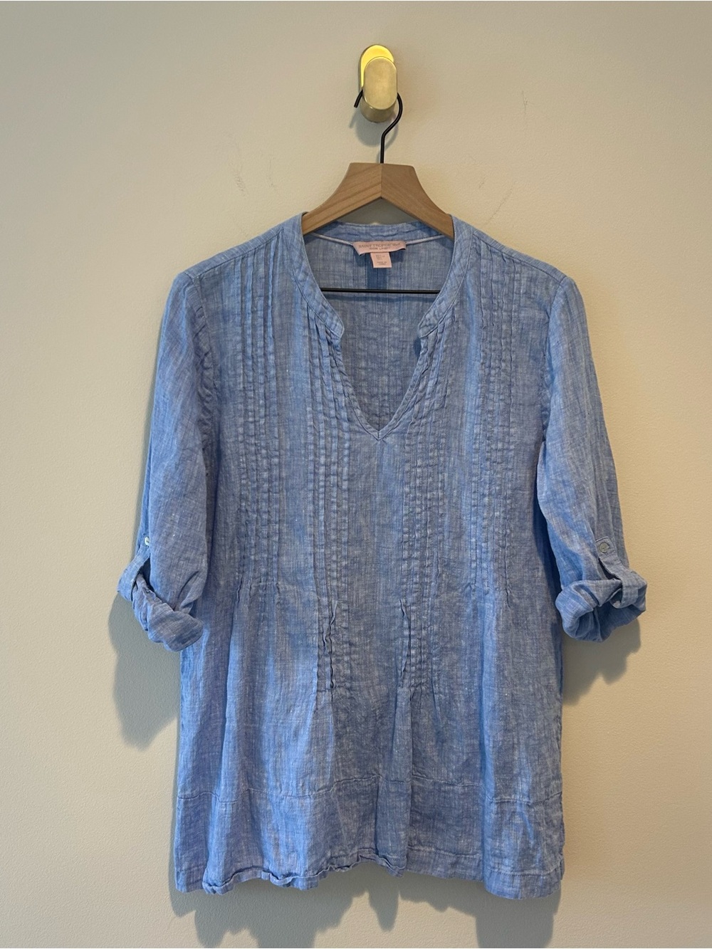 Saint Tropez West Light Blue 100% Linen Shirt Pintuck Button-Down Tunic Blouse